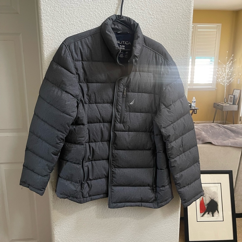 Nautica Gray Quilted Puffer Jacket with Stand-Up Collar. Used once